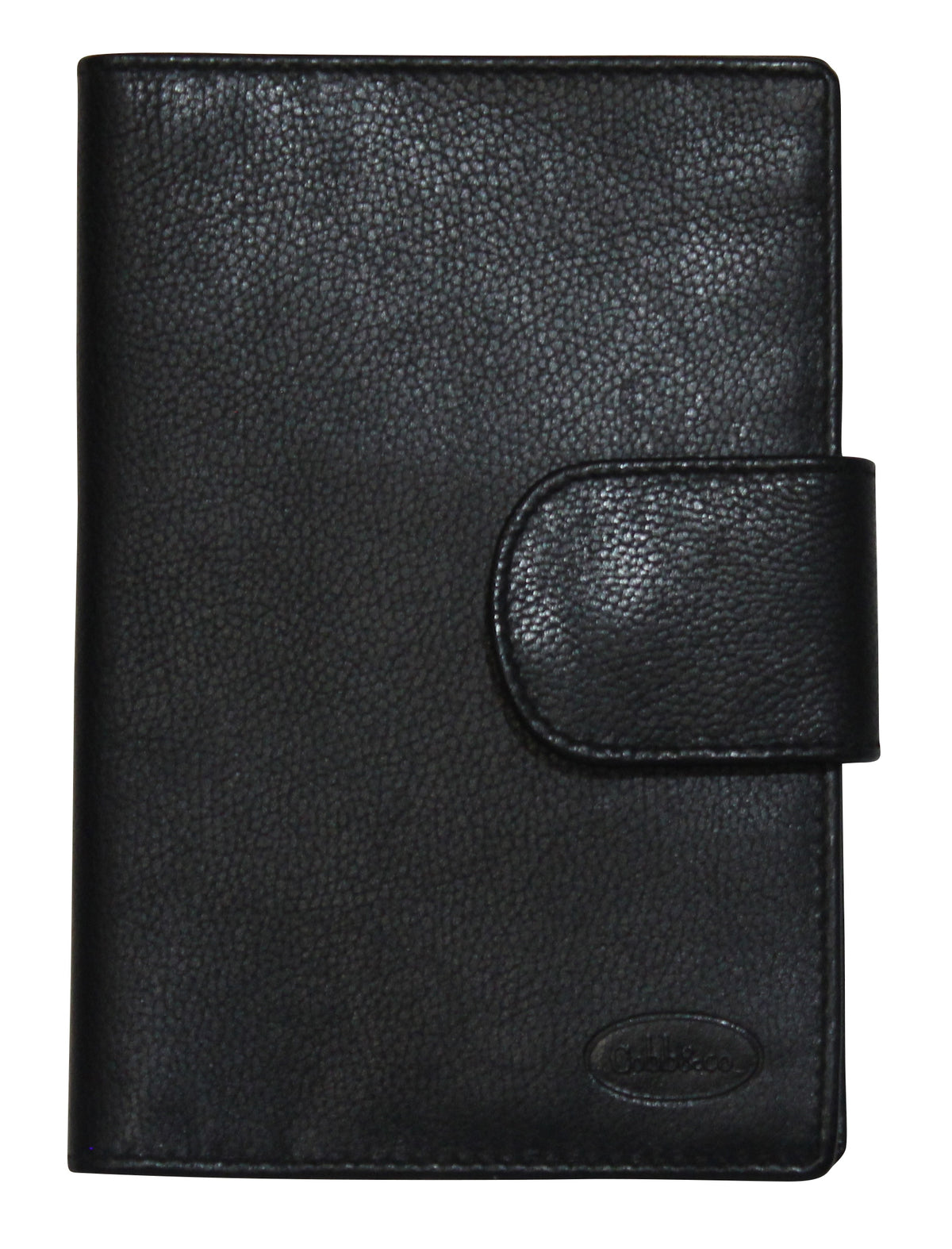 The Cobb & Co Ivan RFID Passport Holder is a black leather accessory with a textured surface and a snap closure flap. This genuine leather item boasts a simple and classic design, complete with an oval-shaped embossed logo on the lower right corner, offering RFID protection for added security.