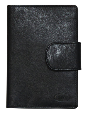 The Cobb & Co Ivan RFID Passport Holder is a black leather accessory with a textured surface and a snap closure flap. This genuine leather item boasts a simple and classic design, complete with an oval-shaped embossed logo on the lower right corner, offering RFID protection for added security.