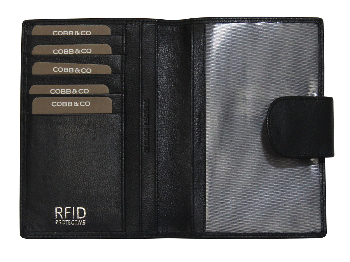 The Cobb & Co Ivan RFID Passport Holder is a black leather wallet with a snap closure made from genuine leather. It features six card slots labeled "COBB & CO" and includes an RFID PROTECTIVE mark in the bottom left corner for added security. The right side has a transparent ID slot, making it perfect as a men's passport holder.