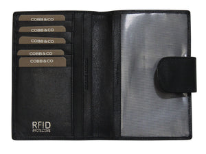 The Cobb & Co Ivan RFID Passport Holder is a black leather wallet with a snap closure made from genuine leather. It features six card slots labeled "COBB & CO" and includes an RFID PROTECTIVE mark in the bottom left corner for added security. The right side has a transparent ID slot, making it perfect as a men's passport holder.
