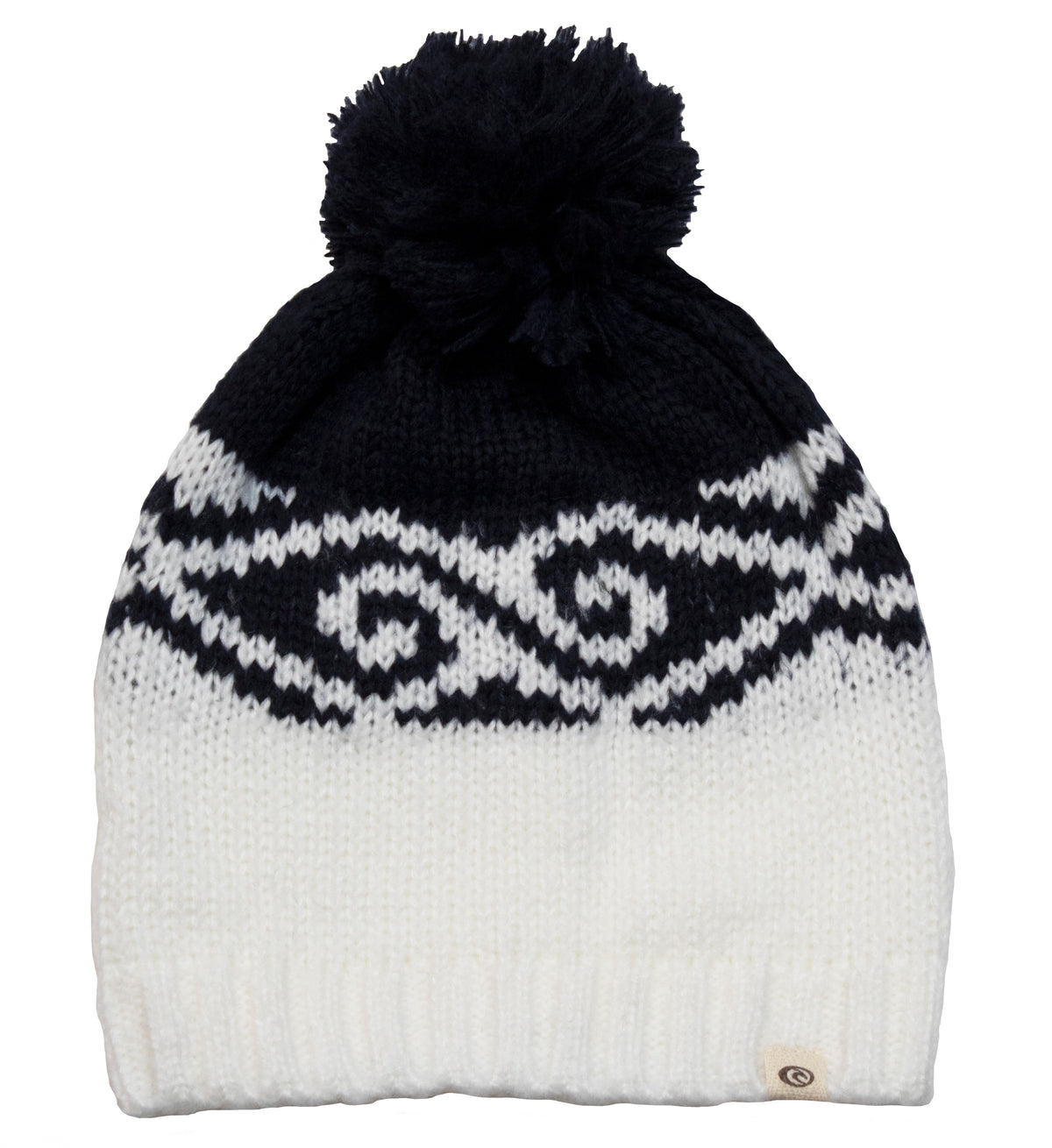 The Rip Curl Cosmic Coast Pom-Pom Beanie features a stylish knit design with a black-to-white gradient and a wavy black pattern near the center for added flair.