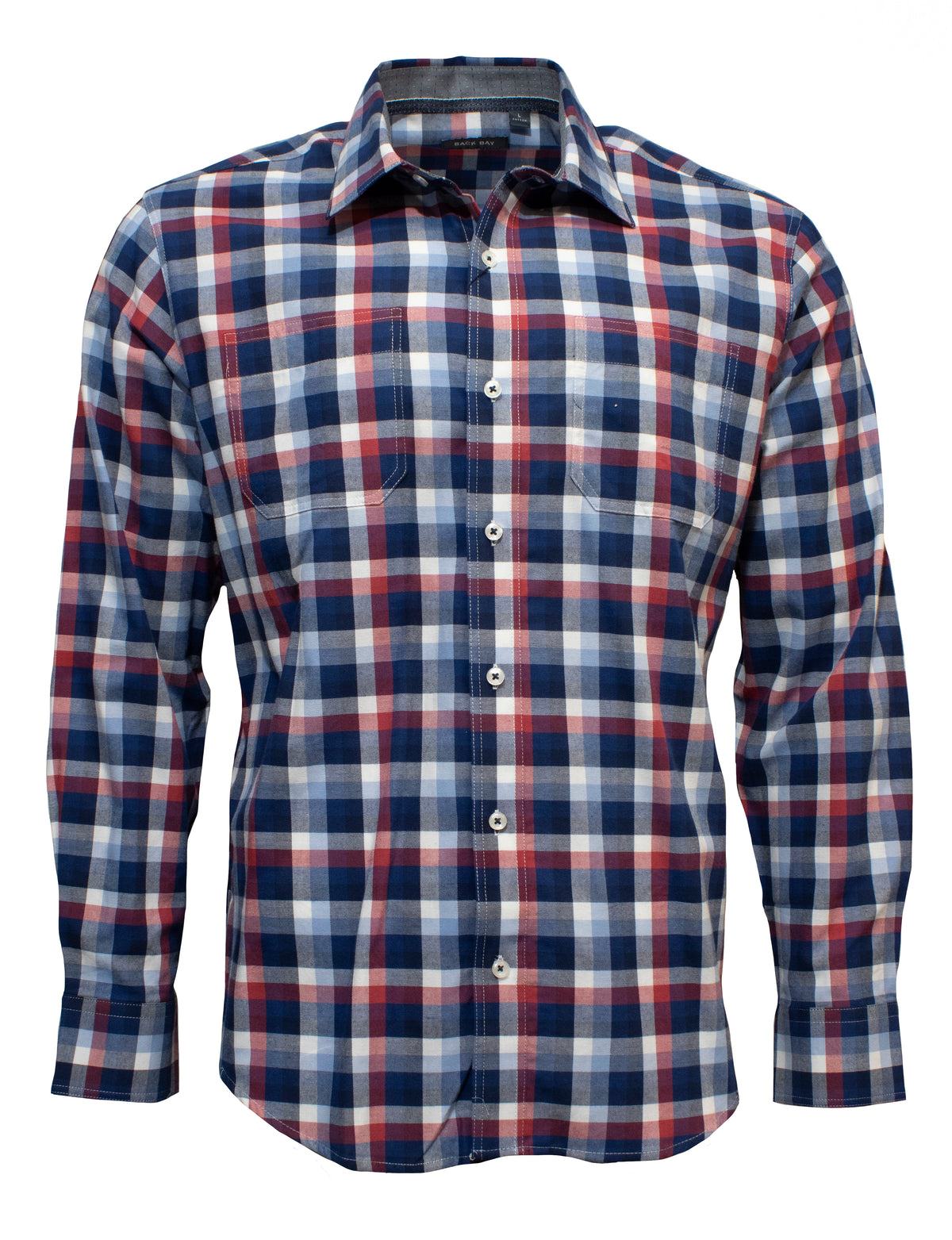 The Back Bay Cotton Check Shirt is a stylish, long-sleeved, button-up shirt featuring a plaid pattern of red, blue, and white squares. Made from 100% cotton, this shirt includes a collar, buttoned cuffs, and a single chest pocket on the left side.