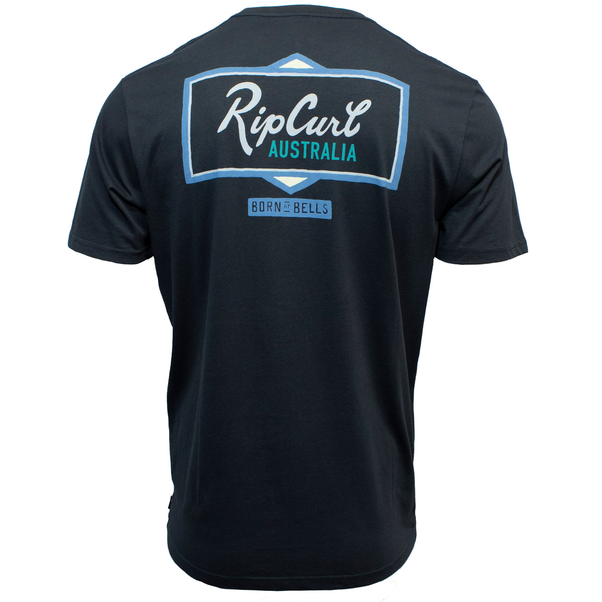 Back view of the Rip Curl Crescent Desto Tee, a 100% cotton black T-shirt with a large "Rip Curl Australia" logo in white and blue, plus a smaller "Born in the Bells" text underneath.