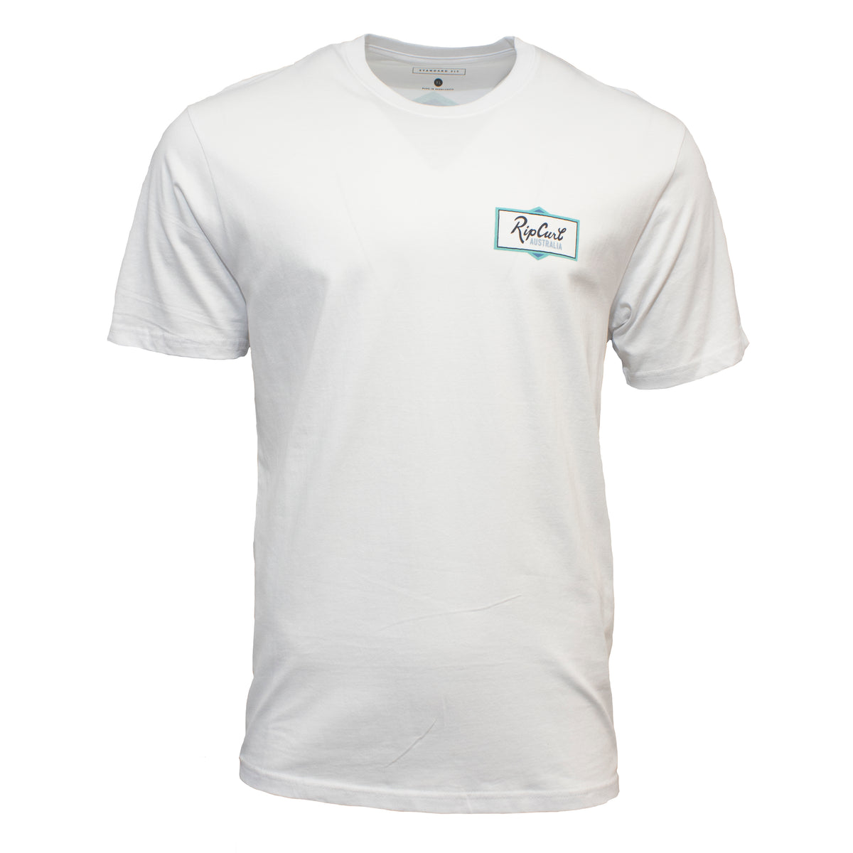 The Rip Curl Crescent Desto Tee is a plain white 100% cotton casual T-shirt featuring a small Rip Curl logo in a teal-bordered rectangle on the left chest, shown on a white background.
