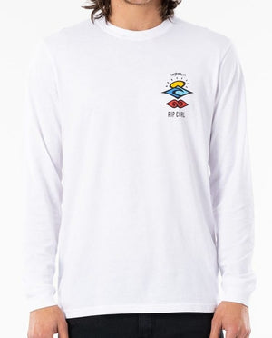 Wearing the Rip Curl Search Icon Long Sleeve Tee, one enjoys an abstract colorful wave design on the chest with "RIP CURL" and "Live The Search" text above it, all on a plain white organic cotton background.