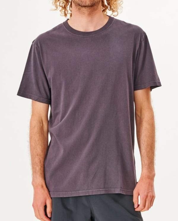 A person with curly blonde hair is wearing the Rip Curl Plain Wash Tee, a plain, short-sleeved, dark gray T-shirt made from 100% cotton. The individual is facing forward with their arms relaxed at their sides, showcasing the comfortable tee against a solid white background.