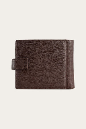 A Ringers Western Cypress Wallet made of genuine leather, with a textured surface and strap for fastening, displayed against a plain light background.