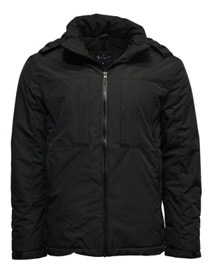 The Daniel Hechter Cycle Jacket is a black hooded puffer with a front zipper and two chest pockets. Its sleek quilted design and polyester padding provide warmth and style, while adjustable cuffs ensure a perfect fit for any outing.