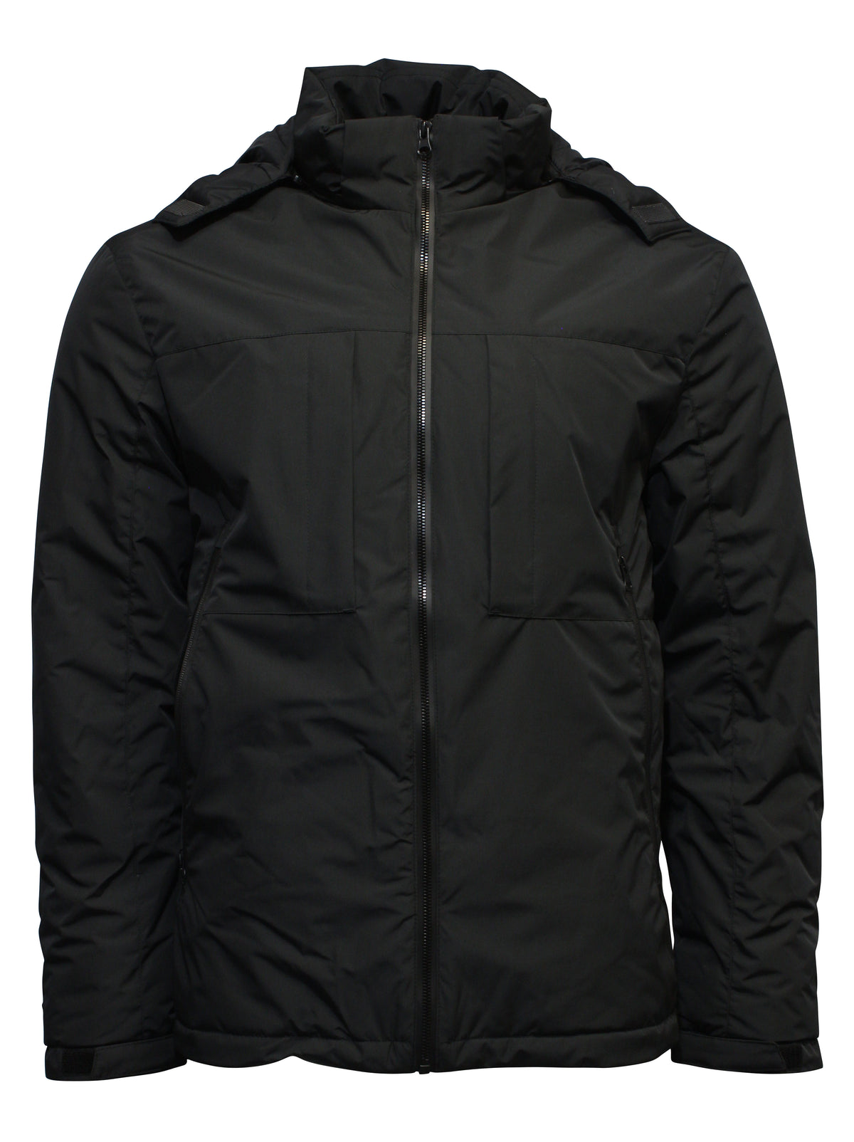 The Daniel Hechter Cycle Jacket is a black winter casual jacket with a high collar and front zipper. It has two chest pockets, long sleeves with adjustable cuffs, polyester padding, and a quilted design with a smooth texture and slightly glossy finish.