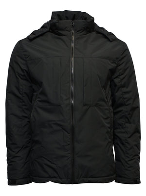 The Daniel Hechter Cycle Jacket is a black winter casual jacket with a high collar and front zipper. It has two chest pockets, long sleeves with adjustable cuffs, polyester padding, and a quilted design with a smooth texture and slightly glossy finish.
