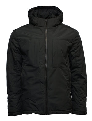 The Daniel Hechter Cycle Jacket, in black, features a front zipper, hood, two chest pockets, and a quilted design with polyester padding for cold weather. This casual winter jacket also includes adjustable cuffs for added comfort.