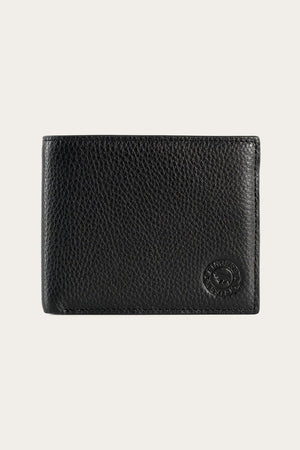 A black Ringers Western Duke Wallet made from genuine leather with a textured finish is displayed against a plain, off-white background. The wallet features a small circular embossed logo in the bottom right corner.