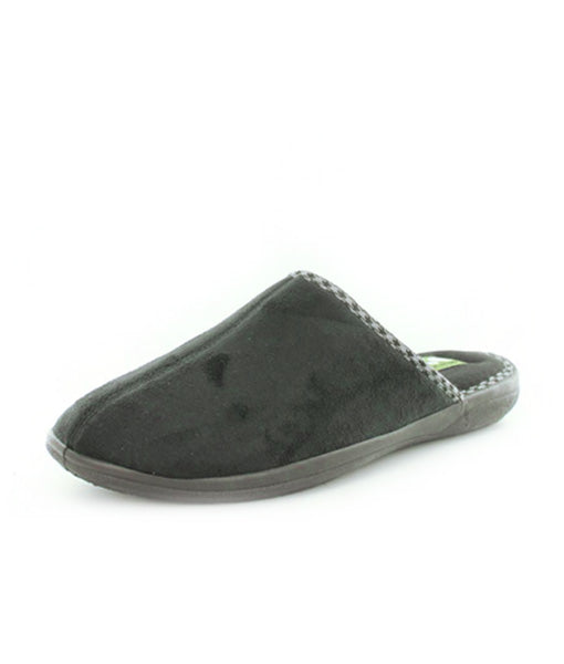 The Panda Elroy Slippers are singular black indoor slide slipper with a closed-toe and open-heel design. These slippers, boasting a cushioned footbed, appear to be crafted from soft, plush material and exhibit a simple, minimalist style. They also feature a flexible rubber sole and has a slightly pointed toe.
