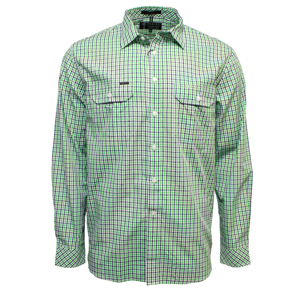 The Pilbara Check Double Pocket Shirt is a green and white checkered button-up with long sleeves, classic collar, and two chest pockets. Designed for Australian conditions, it offers a durable cotton finish for comfort and longevity.