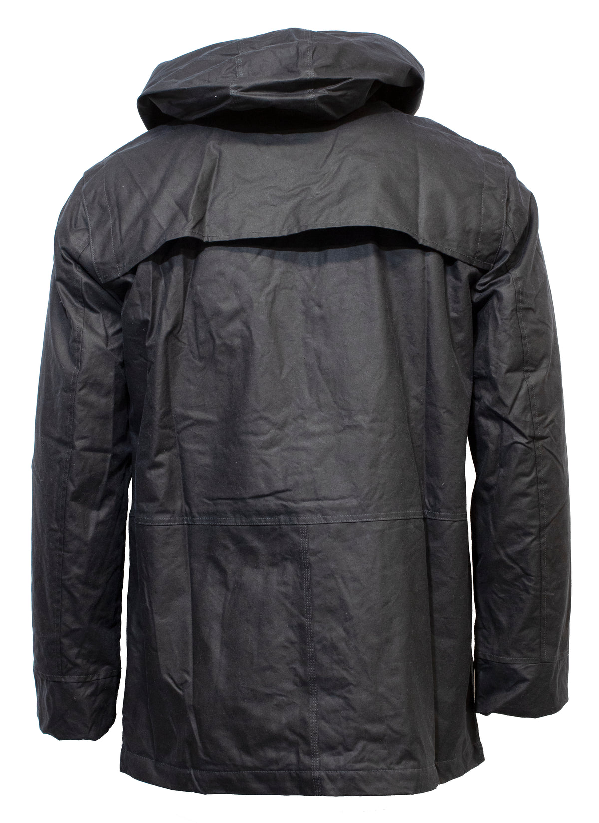 The Swanndri Evans Flat Oilskin Jacket, displayed from the back, features a black hood and a cape-like flap extending over the shoulders and upper back. Made from waterproof material with visible creases indicating its texture, this jacket offers both durability and comfort.