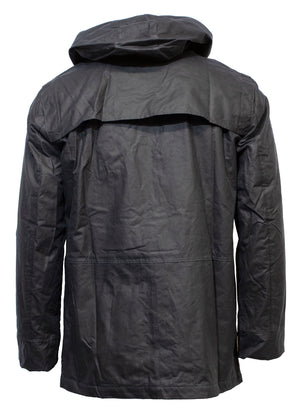 The Swanndri Evans Flat Oilskin Jacket, displayed from the back, features a black hood and a cape-like flap extending over the shoulders and upper back. Made from waterproof material with visible creases indicating its texture, this jacket offers both durability and comfort.