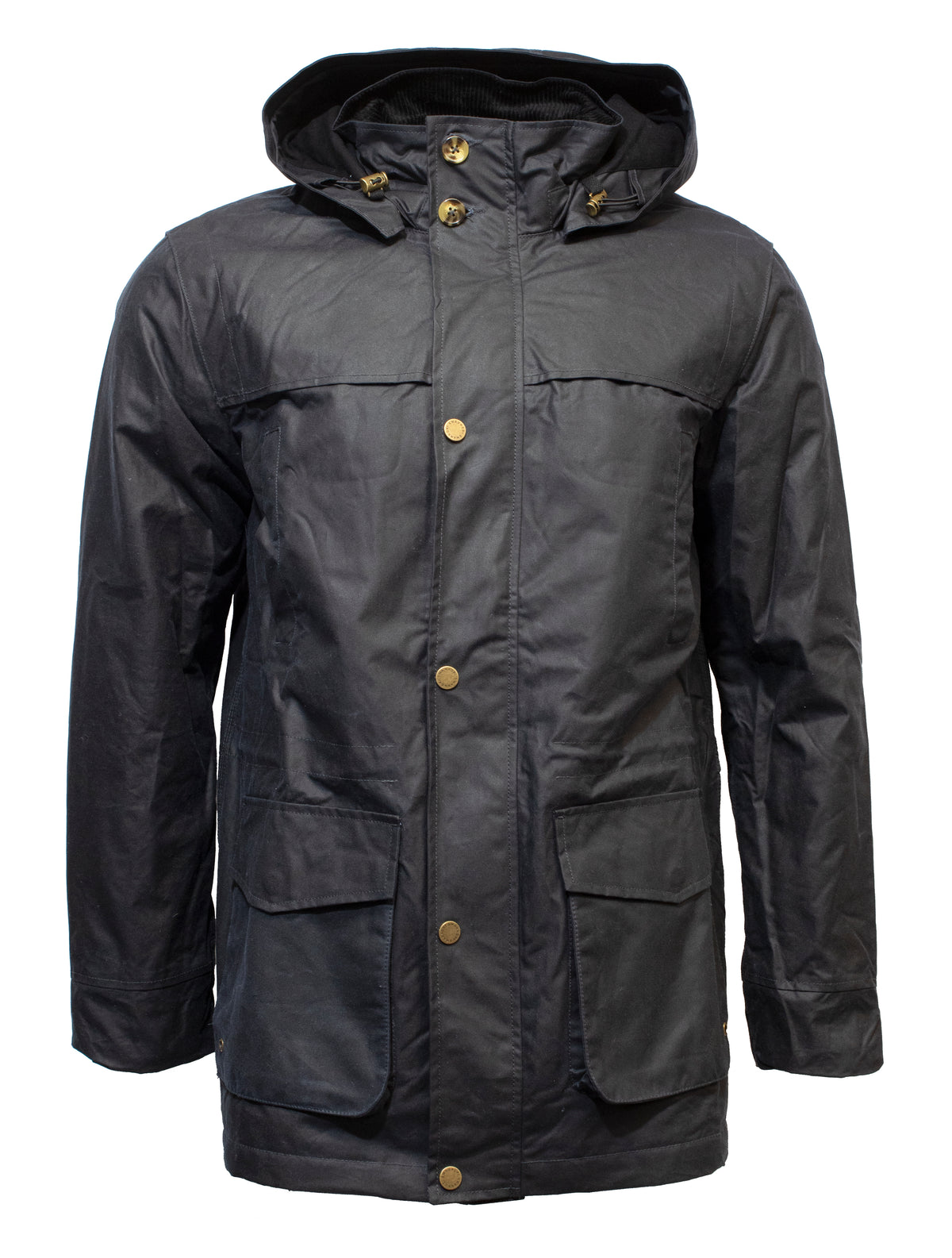 The Swanndri Evans Flat Oilskin Jacket is a black hooded jacket featuring a front zipper and buttoned closure. It includes two large front pockets with flap covers and two chest pockets with buttoned flaps. Crafted from water-resistant material and reinforced stitching for durability, this oilskin jacket ensures comfort throughout use.