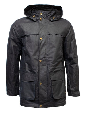 The Swanndri Evans Flat Oilskin Jacket is a black hooded jacket featuring a front zipper and buttoned closure. It includes two large front pockets with flap covers and two chest pockets with buttoned flaps. Crafted from water-resistant material and reinforced stitching for durability, this oilskin jacket ensures comfort throughout use.