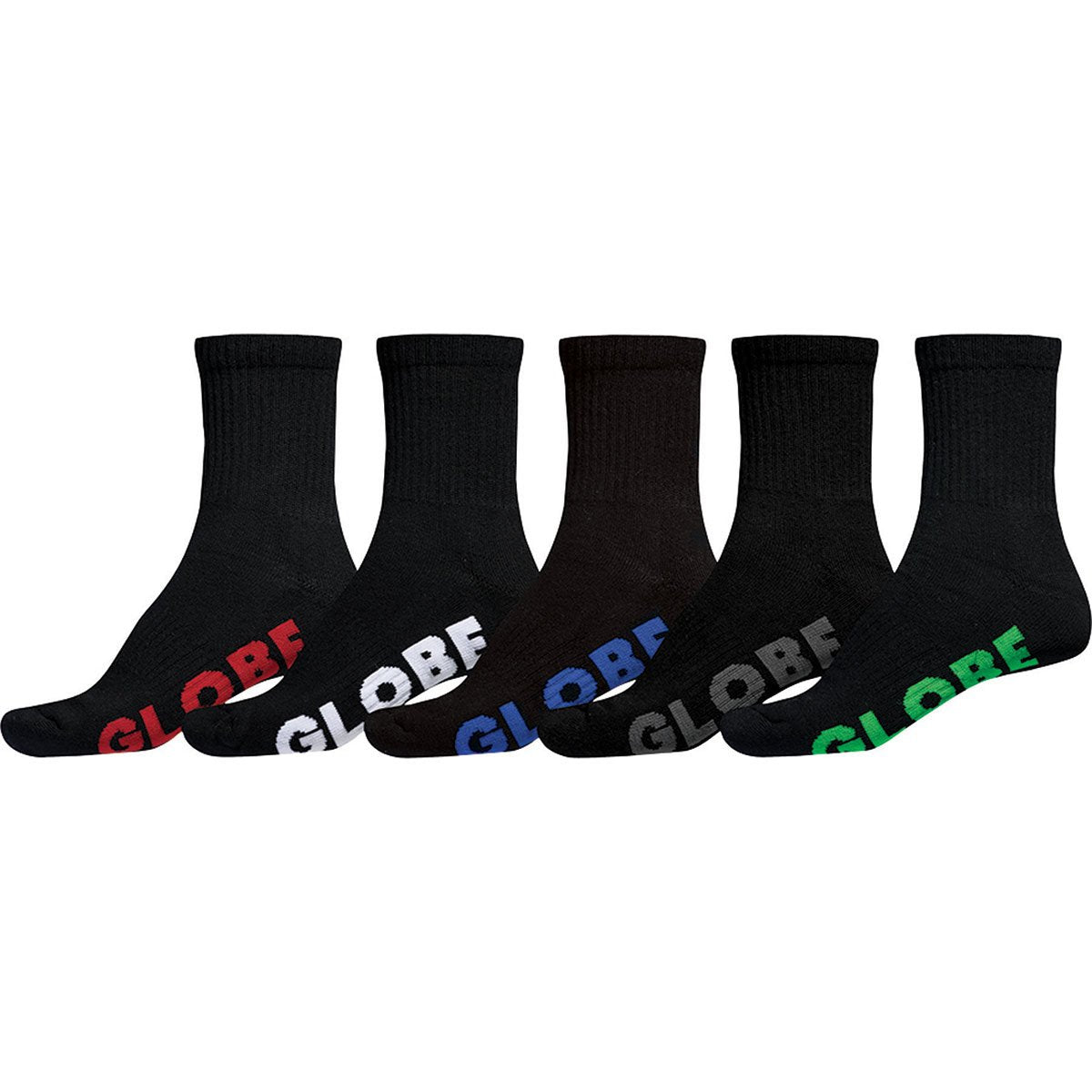 The Globe Stealth Crew Sock 5 Pack includes five comfortable cotton pairs in red, white, blue, gray, and green, each with "GLOBE" on the foot. They're arranged upright for a bold yet casual style.