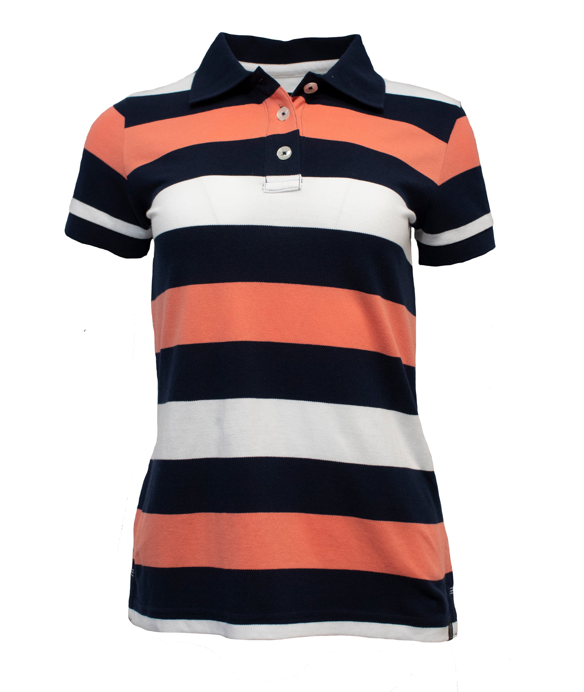 The Ritemate Pilbara Ladies Striped Polo Shirt is a short-sleeved, collared shirt with navy blue, orange, and white horizontal stripes. This casual piece features three buttons at the collar and is made from 100% cotton, ensuring both softness and comfort.
