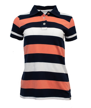 The Ritemate Pilbara Ladies Striped Polo Shirt is a short-sleeved, collared shirt with navy blue, orange, and white horizontal stripes. This casual piece features three buttons at the collar and is made from 100% cotton, ensuring both softness and comfort.