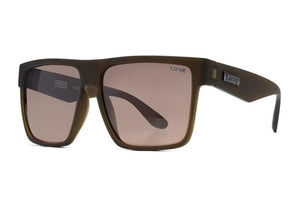 A pair of Liive Greed Polar Sunglasses with a matte brown frame and rectangular, polarised polycarbonate lenses. The brand name "LIVNE" is visible on the upper part of the left lens and the left temple arm, offering UV protection for your eyes.