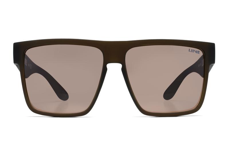 Front view of Liive Greed Polar Sunglasses, featuring a brown rectangular frame with dark lenses and a slightly curved bridge that offers UV protection. The word "LINE" is visible on the top right corner of the right lens.
