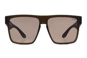 Front view of Liive Greed Polar Sunglasses, featuring a brown rectangular frame with dark lenses and a slightly curved bridge that offers UV protection. The word "LINE" is visible on the top right corner of the right lens.
