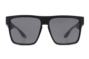A pair of black, square-framed Liive Greed Sunglasses with dark-tinted, polarised grey lenses. The frame boasts a simple, sleek design with slightly thick arms. The front view highlights its symmetric, modern style while ensuring UV protection for your eyes.