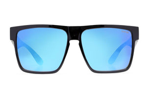 A pair of Liive Greed Mirror Sunglasses with black frames and a blue mirror finish, offering UV protection, viewed from the front against a plain white background.