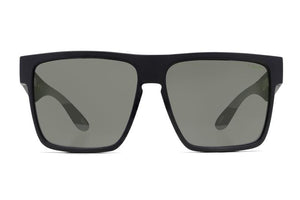 A front view of the Liive Greed Polar Sunglasses, featuring square-shaped black polycarbonate frames and dark polarized lenses.