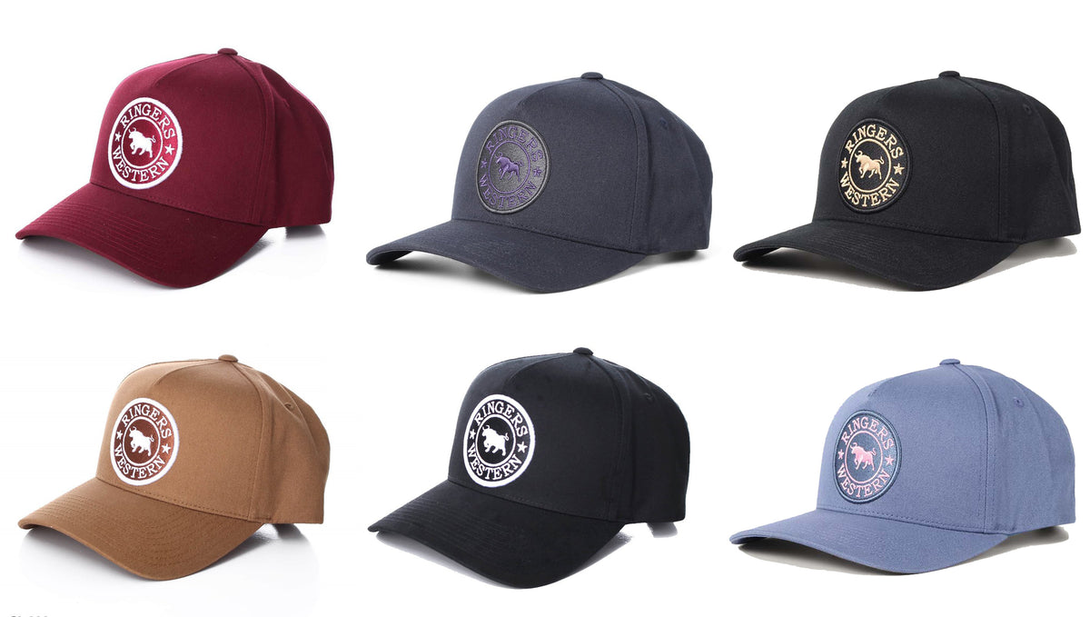 Six Ringers Western Grover Baseball Caps in assorted colors (maroon, navy blue, black, brown, black with a white emblem, and light blue) are arranged in two rows of three. Each cap boasts an embroidered circular horse emblem with the word "RANGER" encircling it and includes an adjustable strap for an ideal fit.