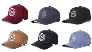 Six Ringers Western Grover Baseball Caps in assorted colors (maroon, navy blue, black, brown, black with a white emblem, and light blue) are arranged in two rows of three. Each cap boasts an embroidered circular horse emblem with the word "RANGER" encircling it and includes an adjustable strap for an ideal fit.