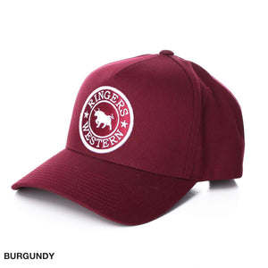 A Ringers Western Grover Baseball Cap in burgundy, featuring a circular white patch on the front with a bull graphic and the text "Ringers Western." The cap is displayed with the brim angled slightly to the left and includes an adjustable strap. The word "BURGUNDY" is written in black at the bottom left corner.