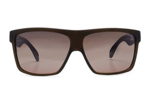 The Liive Hoy 4 Polar Sunglasses have brown square frames and dark tinted, polarized lenses with UV protection. Their thick, angular frame adds a bold look, and the slightly curved arms enhance comfort and style.