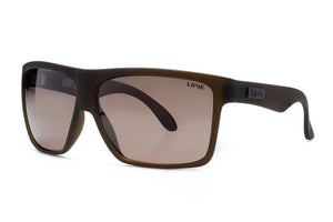 The Liive Hoy 4 Polar Sunglasses are brown, rectangular with polarized lenses and UV protection. They feature a stylish matte frame with the brand "Liive" on the temples and lens, ensuring quality and flair.