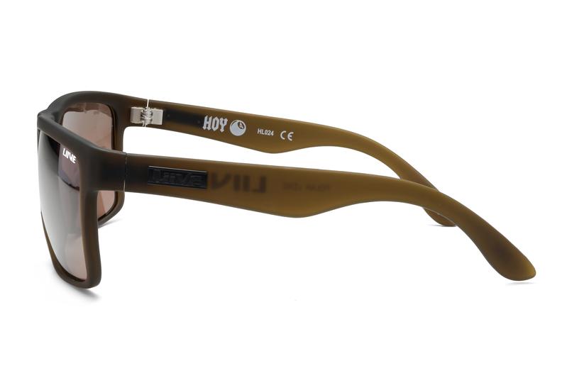 The Liive Hoy 4 Polar Sunglasses feature brown thick frames and polarized lenses for enhanced UV protection. The brand logo is on the temple and lens, with product details inside the temple. A side-angle view showcases these features.