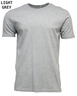 A plain light grey, 100% cotton short-sleeve t-shirt is depicted in the image. The Industrie The Basic Crew Tee features a simple design with no visible logos or patterns. The text "LIGHT GREY" is written in the top left corner of the image, highlighting its comfortable fit.