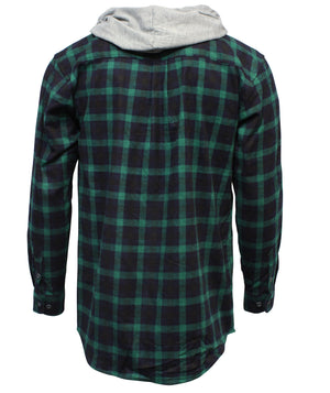 Back view of the Jack Smith Hooded Flannelette Shirt in green and navy plaid, made from a premium cotton-polyester blend with a gray hood, displayed on a white background.