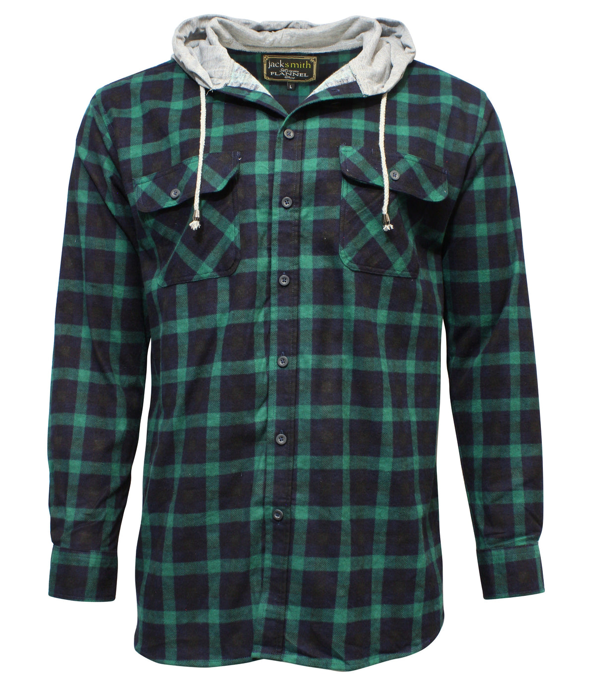 The Jack Smith Hooded Flannelette Shirt adds style with its long-sleeved, green and navy plaid design. Made from a premium cotton-polyester blend, it features front buttons, a cozy gray hood with white drawstrings, and two chest pockets with button flaps.