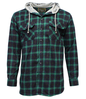 The Jack Smith Hooded Flannelette Shirt adds style with its long-sleeved, green and navy plaid design. Made from a premium cotton-polyester blend, it features front buttons, a cozy gray hood with white drawstrings, and two chest pockets with button flaps.
