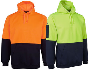 Two JBs Hi Vis Pull Over Hoodies are displayed: one on the left is orange and black, while the one on the right is yellow-green and black. Both drawstring hoodies feature large front pockets, black lower halves, sleeves, and hoods. Ideal for workwear or casual activities with a focus on customer service excellence.
