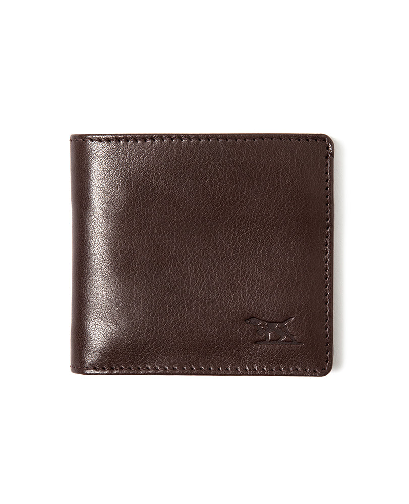 The Rodd & Gunn Marybank Wallet is a closed, dark brown Buffalo Leather wallet with visible stitching and an embossed dog logo in the bottom right corner, shown on a white background.