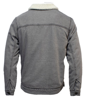 The King Gee Urban Denim Jacket, in gray denim with a white sherpa lining collar, is showcased from the back. It includes stitching details, buttons on the cuffs, and an adjustable waistband.
