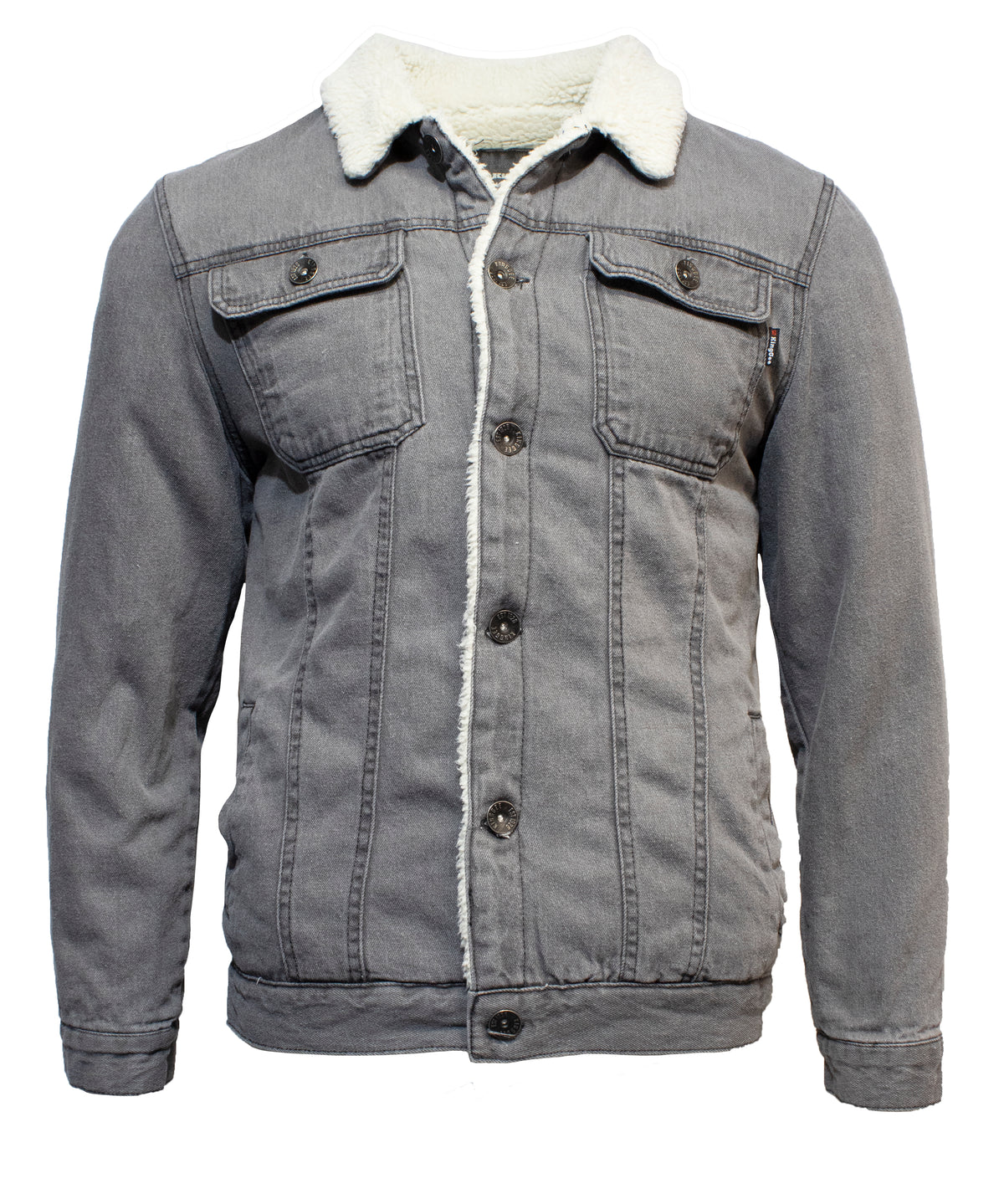 The King Gee Urban Denim Jacket in gray features a sherpa lining and fleece collar, button-up front, two flap chest pockets, and visible stitching, all set against a plain white background.