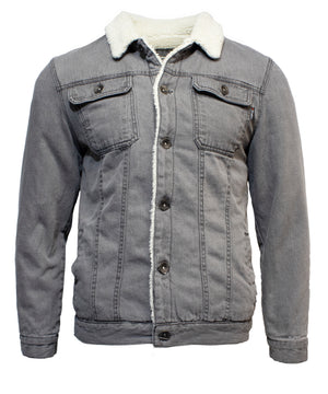 The King Gee Urban Denim Jacket in gray features a sherpa lining and fleece collar, button-up front, two flap chest pockets, and visible stitching, all set against a plain white background.