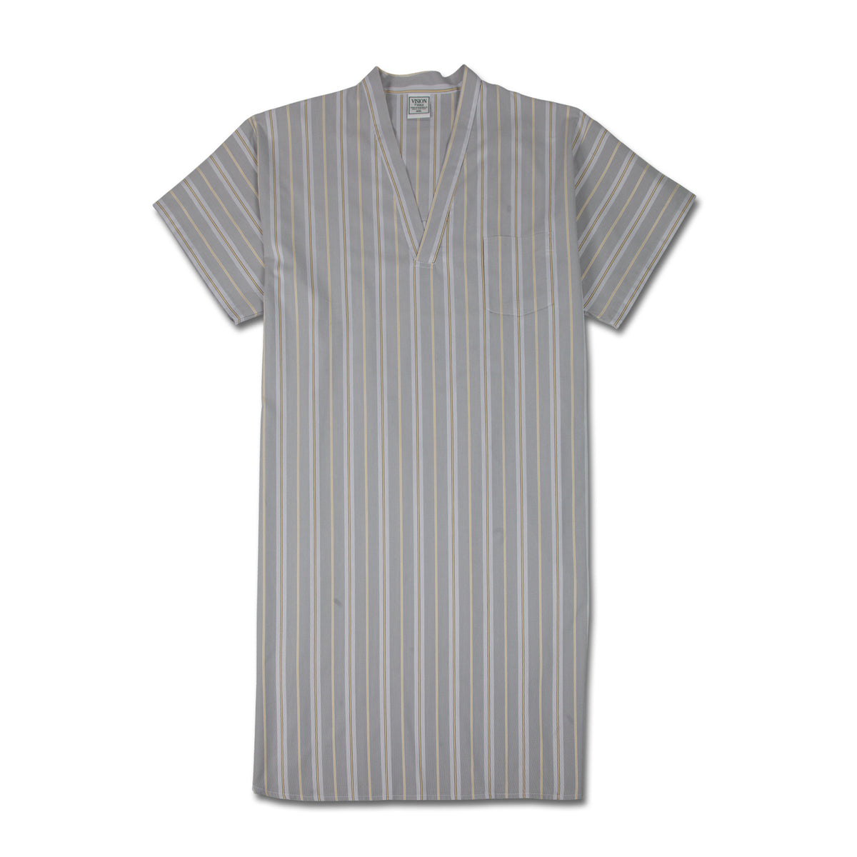 The Koala Tradition Summer Nightshirt is a short-sleeved, knee-length grey kaftan adorned with vertical white and light pink stripes. Made from a blend of cotton and polyester, it showcases a V-neckline and includes a single chest pocket on the left side, perfect for use as a night shirt.