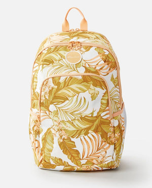 The Rip Curl Ozone 30L Multi Backpack features a tropical leaf and flower pattern in yellow, orange, and green on white. It includes adjustable straps, a front pocket, side pockets, and an insulated cooler compartment with contrasting peach zippers and trim.