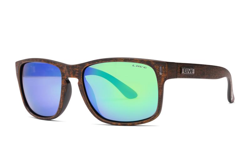 The Liive The Lewy Mirror Polar Sunglasses have a dark brown, wood-textured frame and reflective green-tinted polarized lenses with UV protection, featuring the "LYTE" brand on the temple.