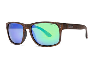 The Liive The Lewy Mirror Polar Sunglasses have a dark brown, wood-textured frame and reflective green-tinted polarized lenses with UV protection, featuring the "LYTE" brand on the temple.